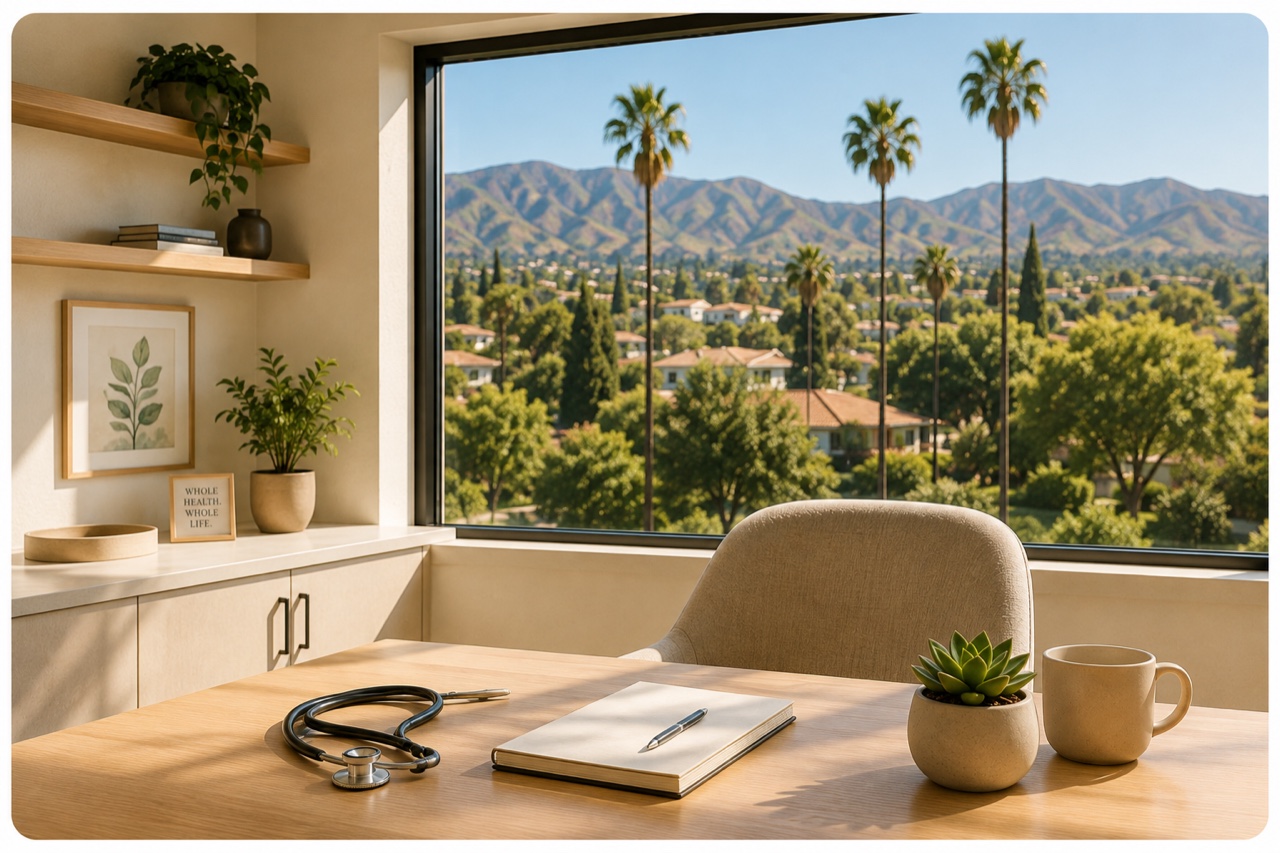 Illustrative warm office interior with a desk, stethoscope, plants, and a Southern California mountain view