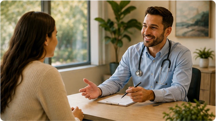 Healthcare provider listening to a patient during a primary care conversation