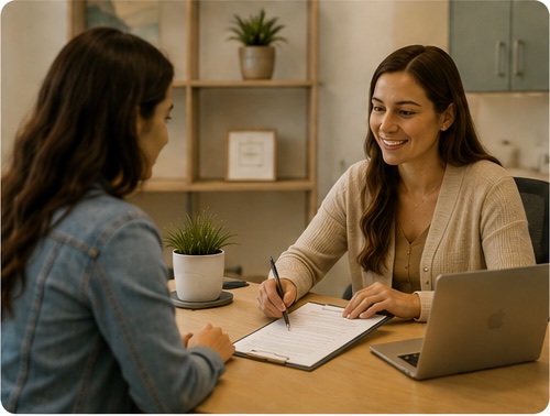 Patient reviewing paperwork during a calm office conversation