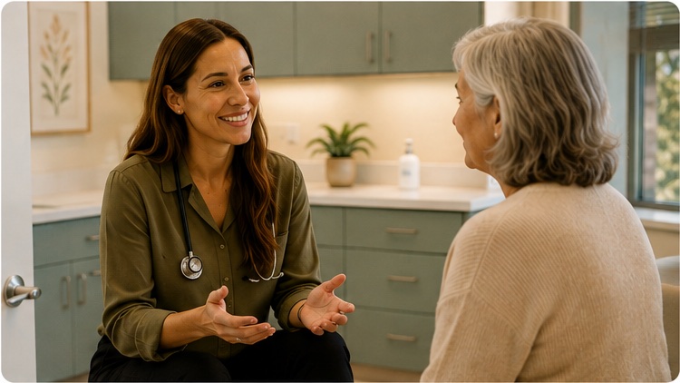 Healthcare provider having a thoughtful conversation with an older patient